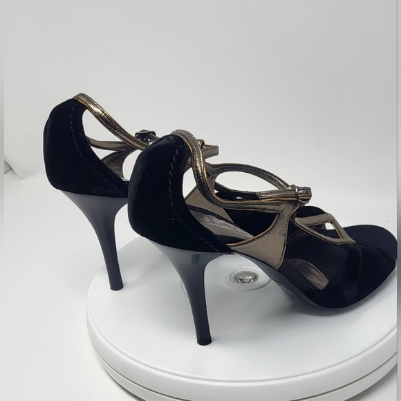 Cole Haan Black Velvet & Brassy Gold Open Toe Stilletto T-Strap Heels - Picture 7 of 16